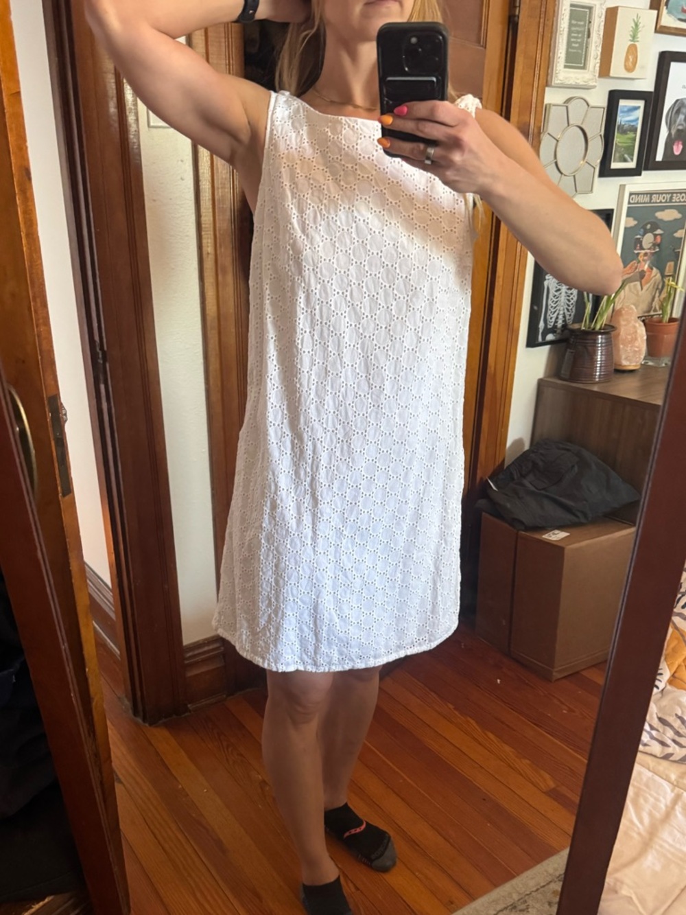 Zara White Eyelet Sleeveless Shift Mini Dress Open Back Size Large